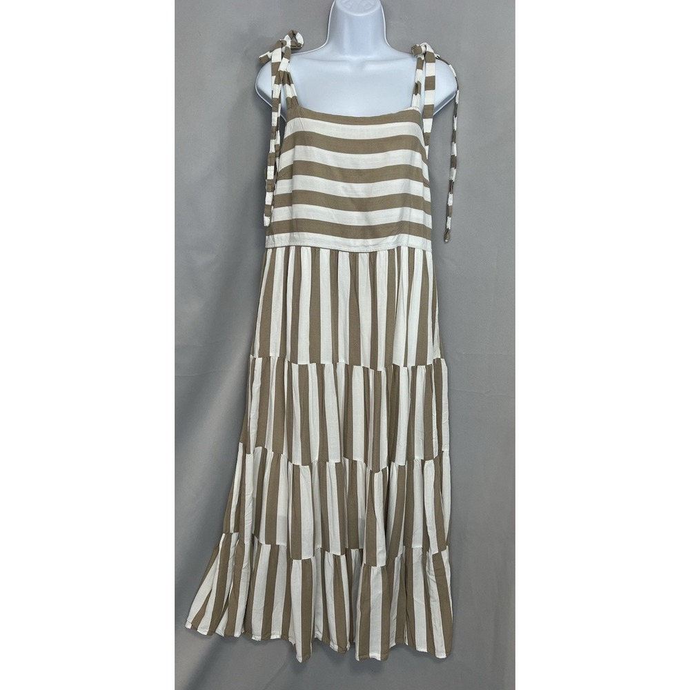 Pretty Fardem Women's Midi Dress Stripped Brown White Sz Large